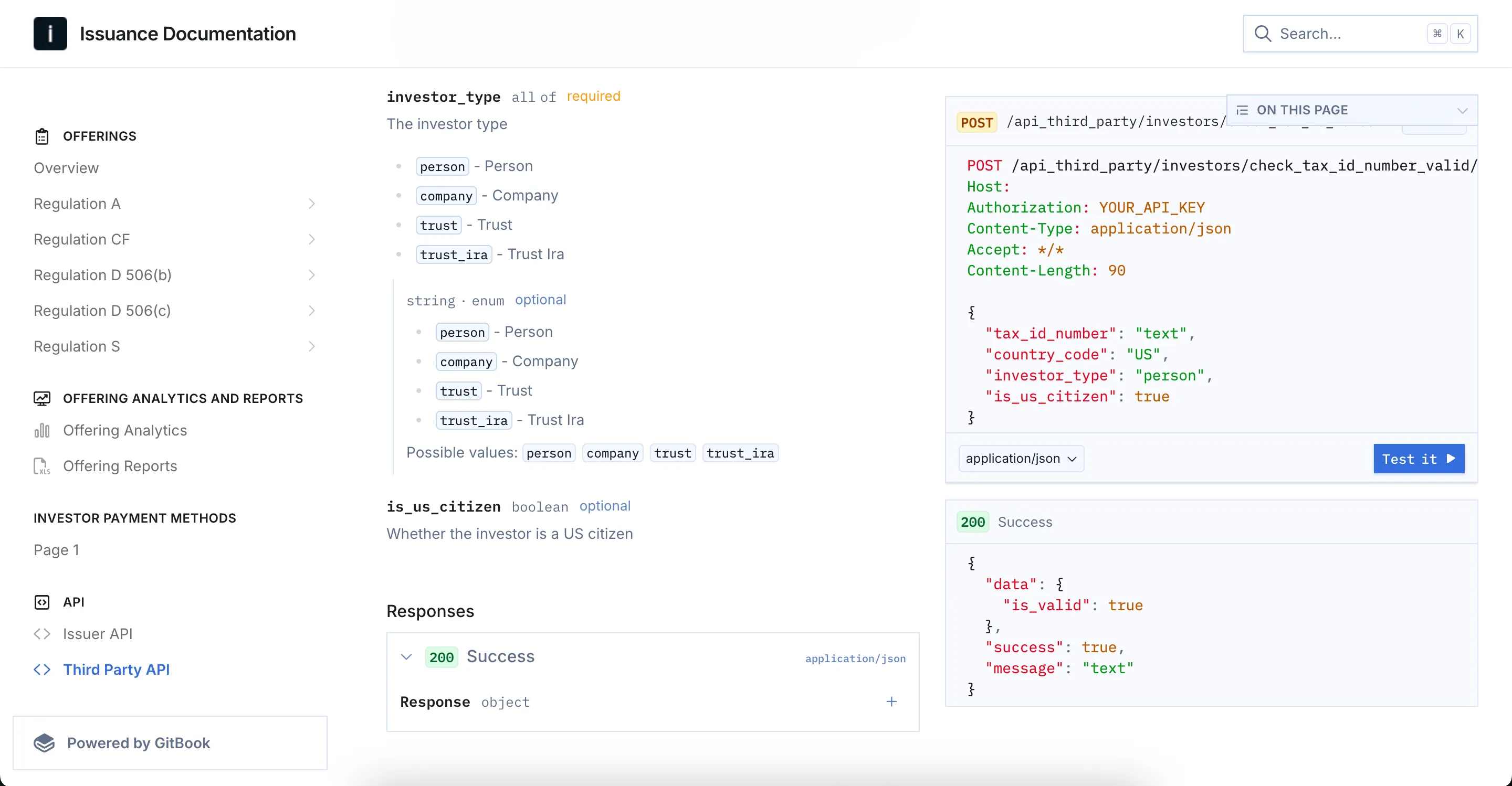 Issuance Documentation API reference for a third-party investor endpoint, listing request fields, a sample POST request, and a 200 success response