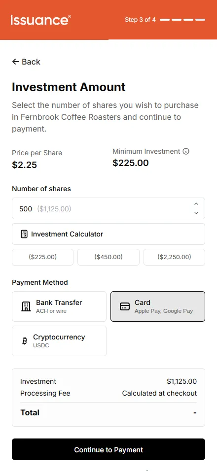 Issuance investor checkout on a phone, step 3 of 4: investment amount for Fernbrook Coffee Roasters with bank transfer (ACH or wire), card (Apple Pay, Google Pay), and cryptocurrency (USDC) payment options