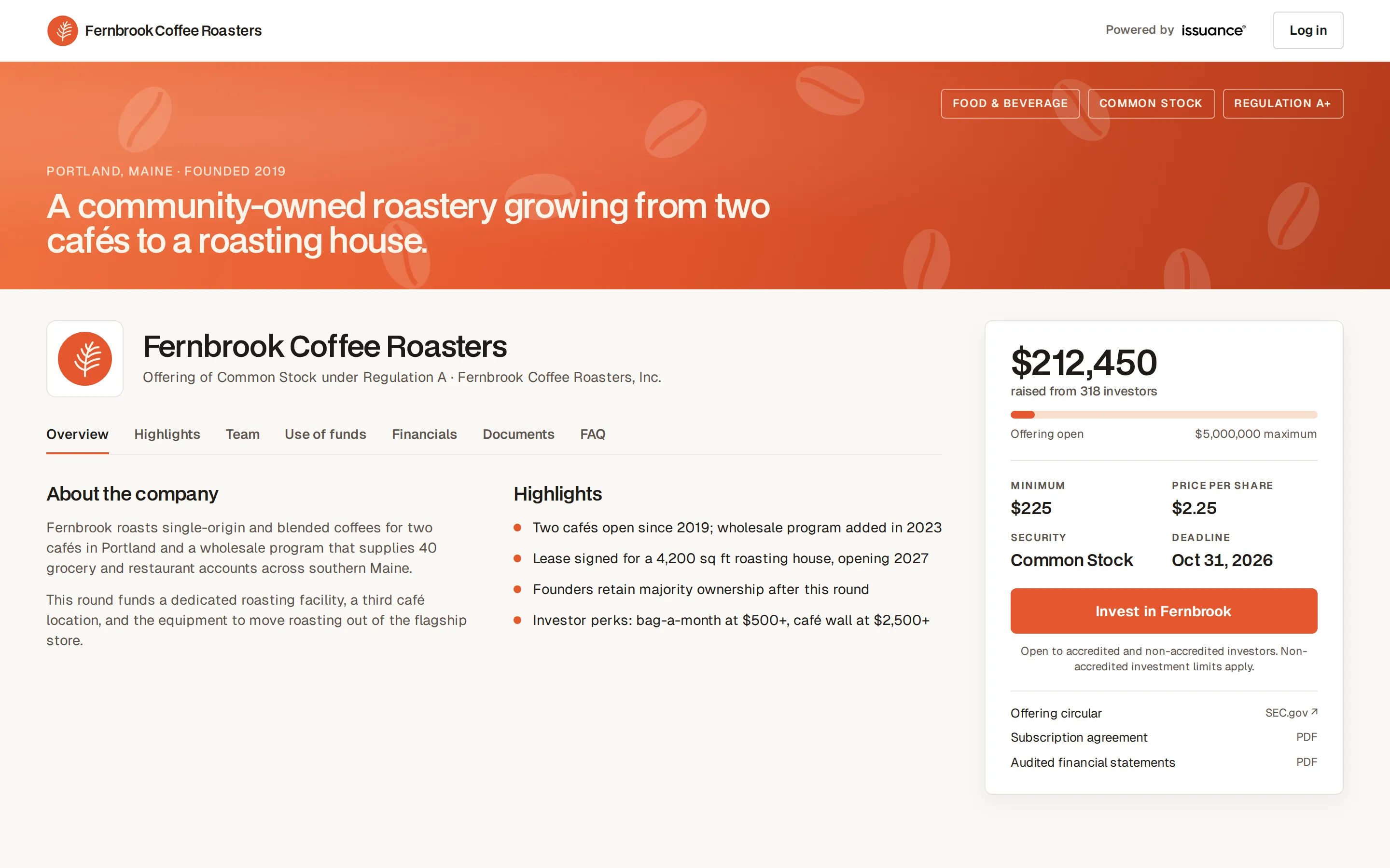 A deal page powered by Issuance for Fernbrook Coffee Roasters, a fictional issuer: a Regulation A offering under the issuer’s own brand, with its story, highlights, and an invest panel showing amount raised, minimum, share price, and deadline