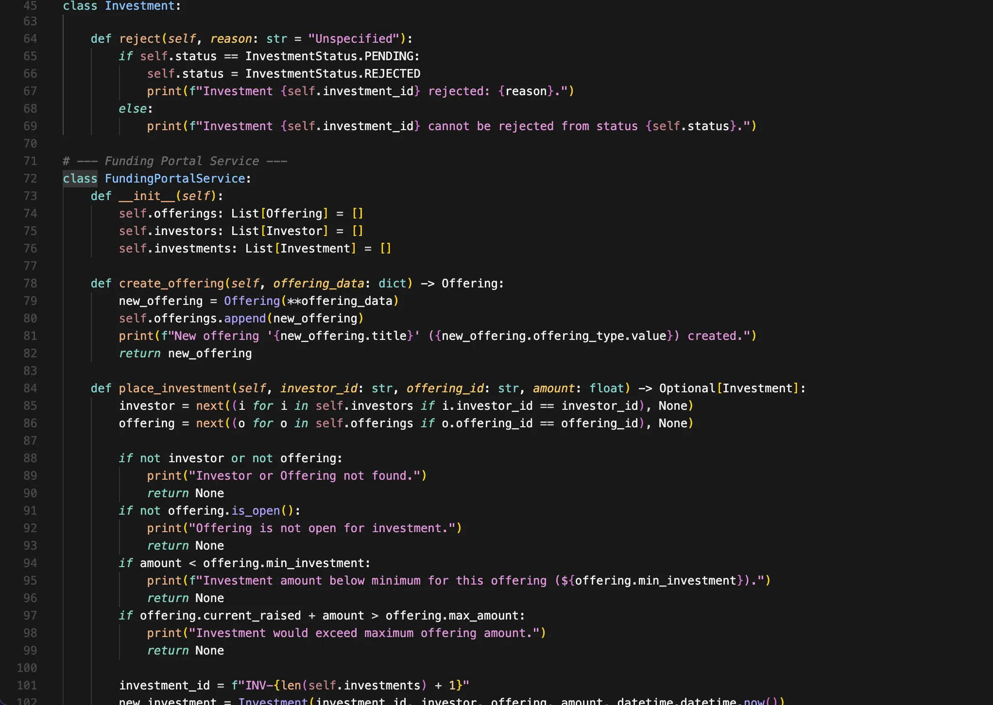 Code editor showing a Python service with methods that create offerings and place investments