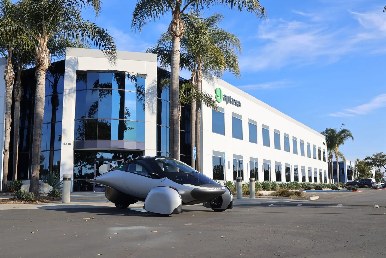 An early prototype Aptera vehicle outside the company's headquarters.